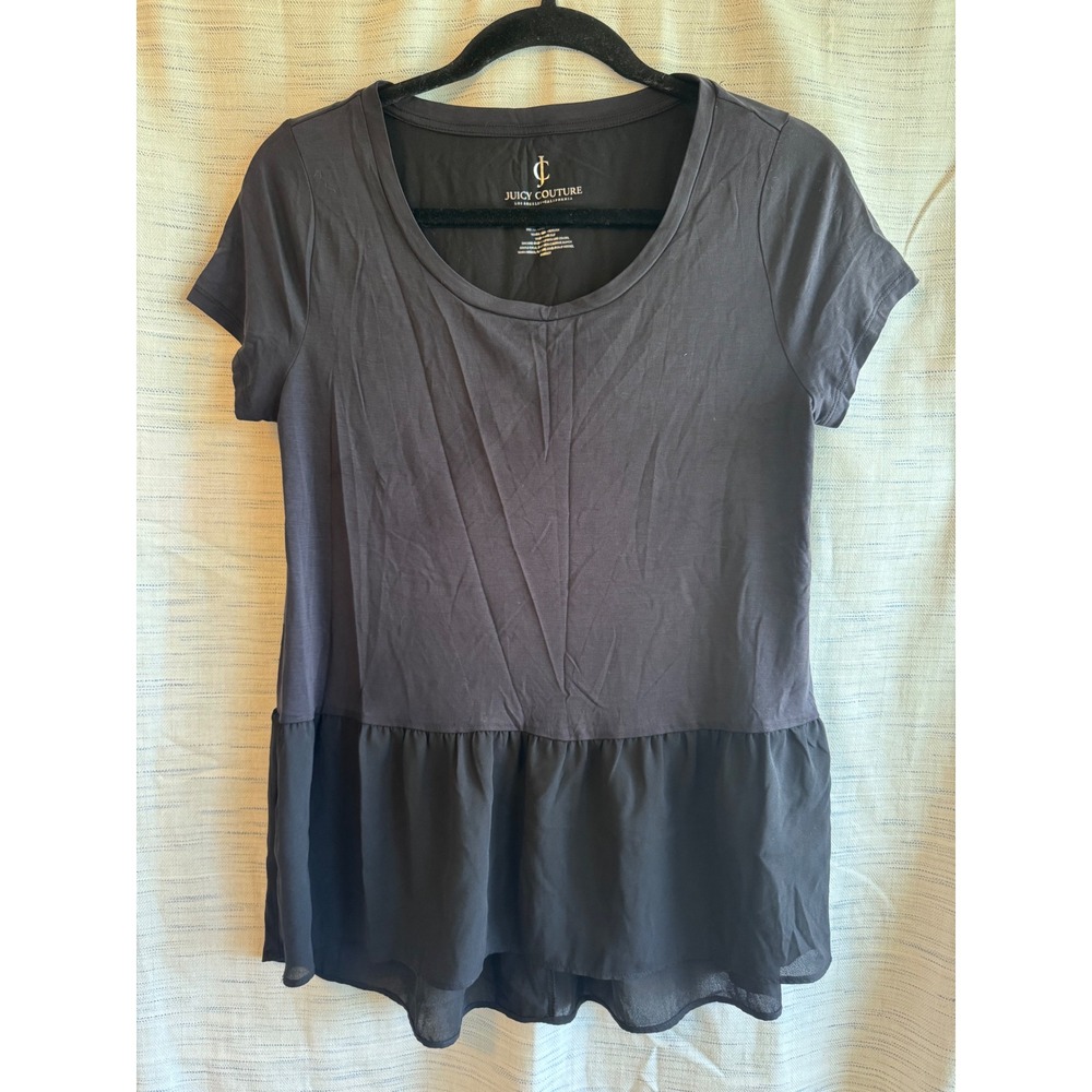 Juicy Couture Black Peplum Short Sleeve Top Scoop Neck Mixed Media Small